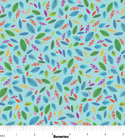Benartex Cheeto's World Scattered Leaves Quilting Cotton Fabric- Sky