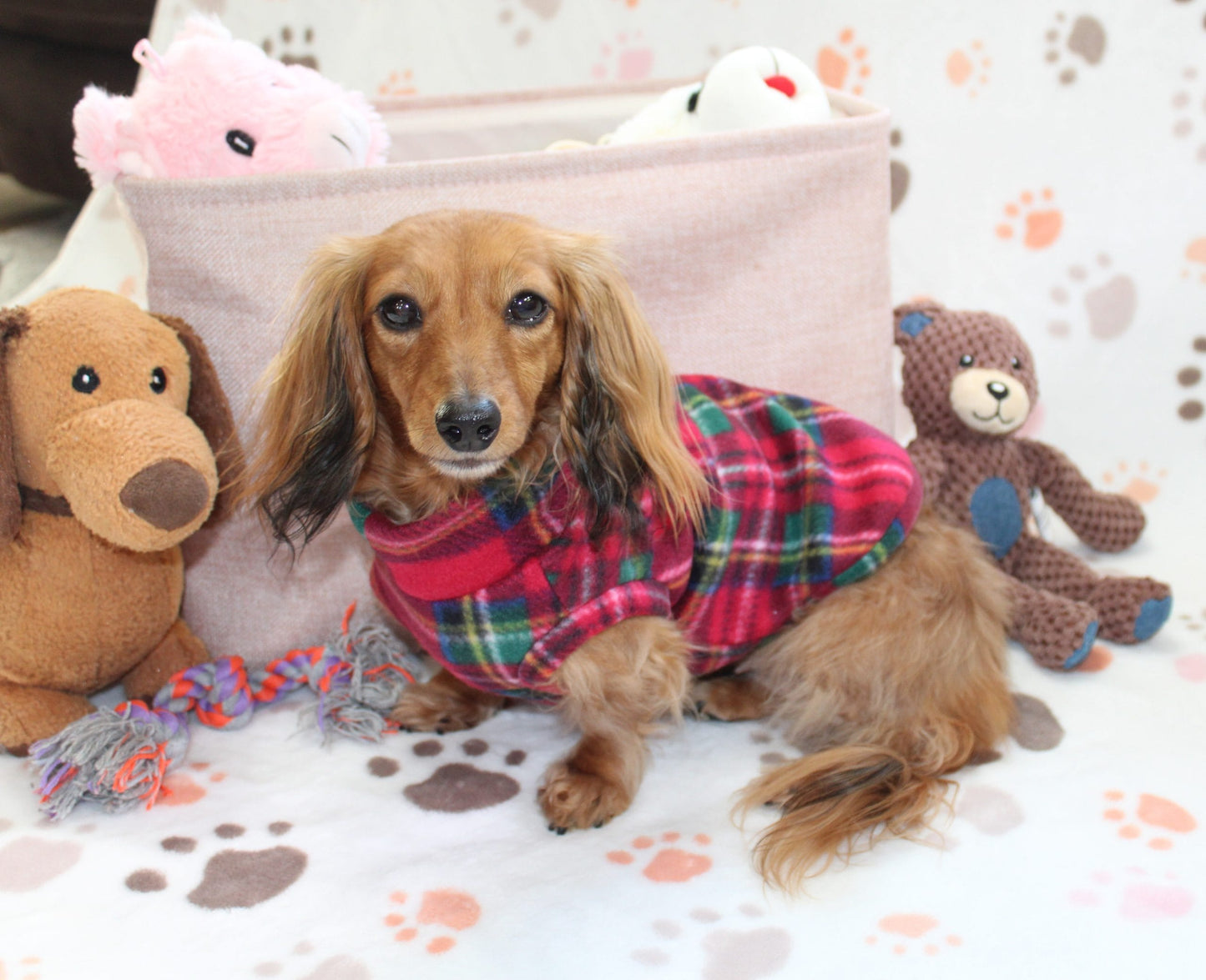 Stewart Red Plaid Dachshund Sweater - Measurements in item description