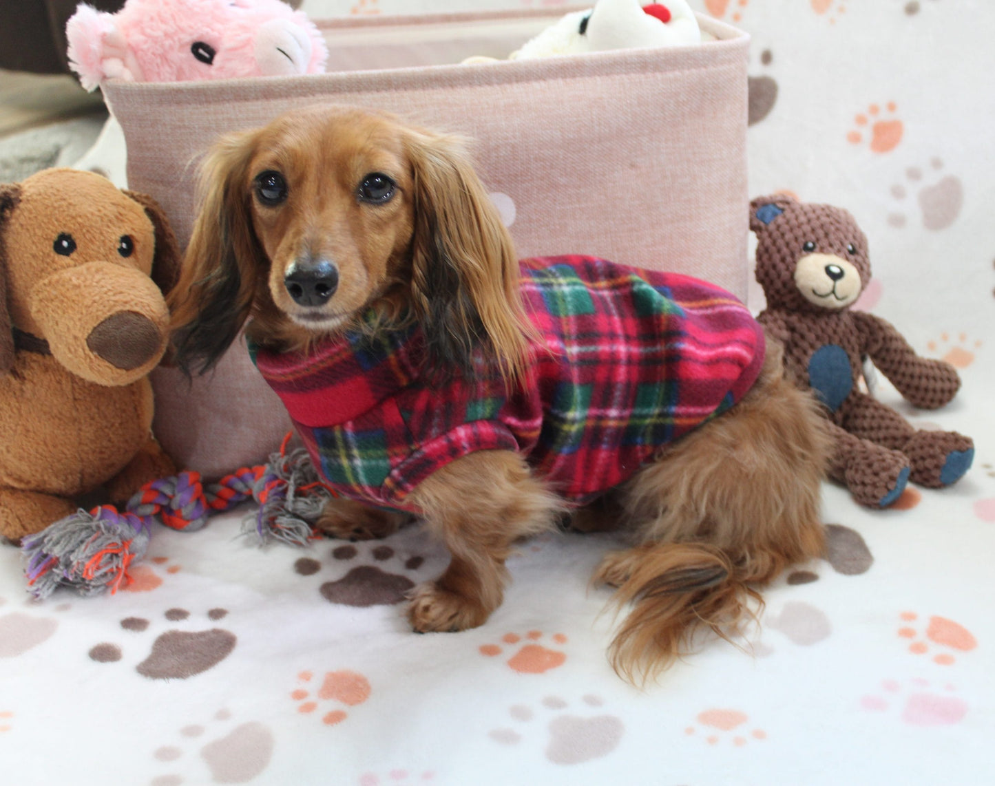 Stewart Red Plaid Dachshund Sweater - Measurements in item description