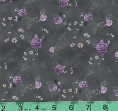 Victoria Charcoal & Lilac Roses Soft Crinkle Polyester Fabric