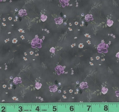 Victoria Charcoal & Lilac Roses Soft Crinkle Polyester Fabric