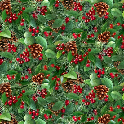 Elizabeth Studio Birds and Berries Pine and Holly Quilting Cotton Fabric- Green