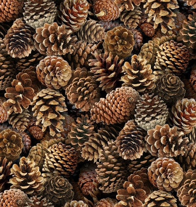 Elizabeth Studio Birds and Berries Pine Cones Quilting Cotton Fabric- Brown