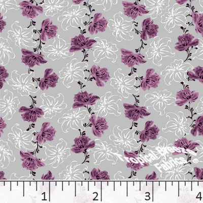 Gray & Raspberry Blossom Poly Cotton Fabric