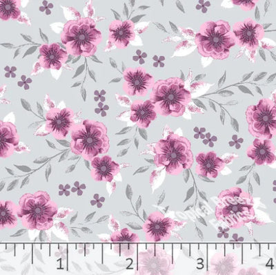 Silver & Pink Flowers Poly Cotton Fabric - 1 3/4 yd