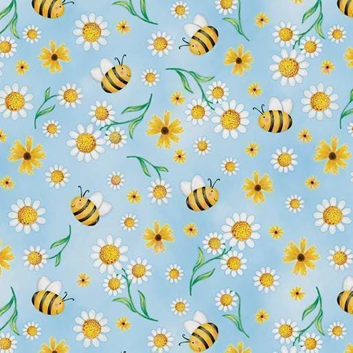 Benartex Sunshine Days Daisies & Bees Quilting Cotton Fabric- Blue