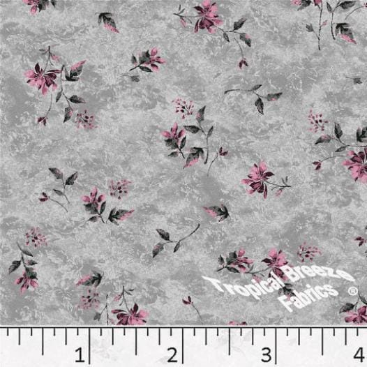 Gray &amp; Pink Scattered Floral Poly Cotton Fabric