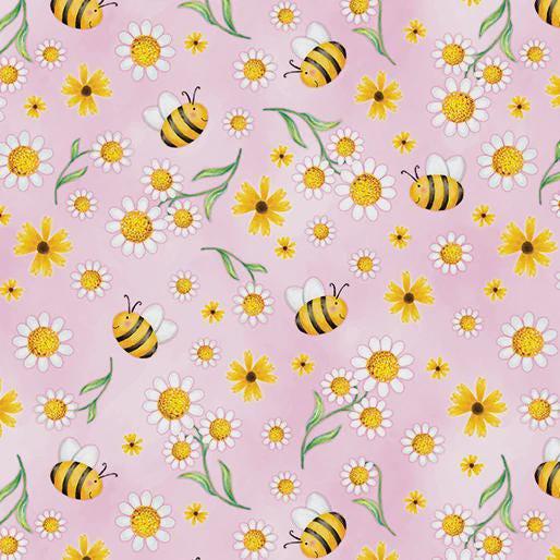 Benartex Sunshine Days Daisies & Bees Quilting Cotton Fabric- Pink