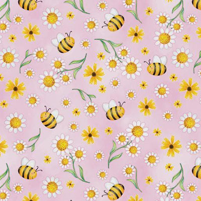 Benartex Sunshine Days Daisies & Bees Quilting Cotton Fabric- Pink