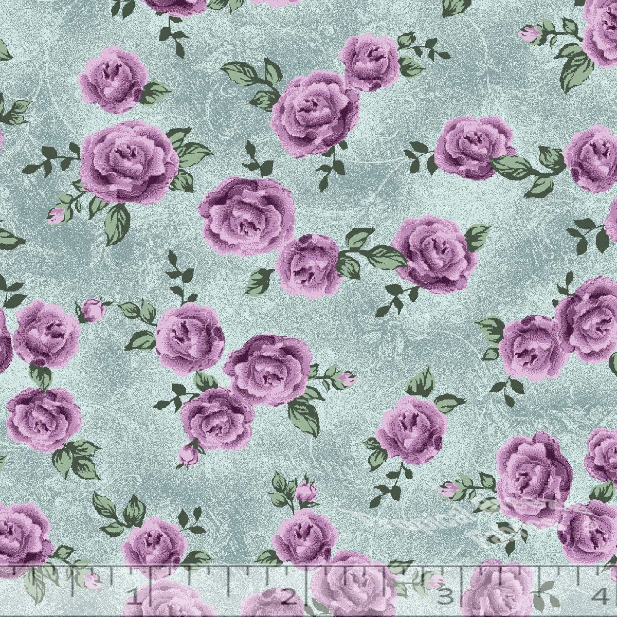 Jade Tossed Roses Nubby Weave Poly Cotton Fabric - 3/4 yd