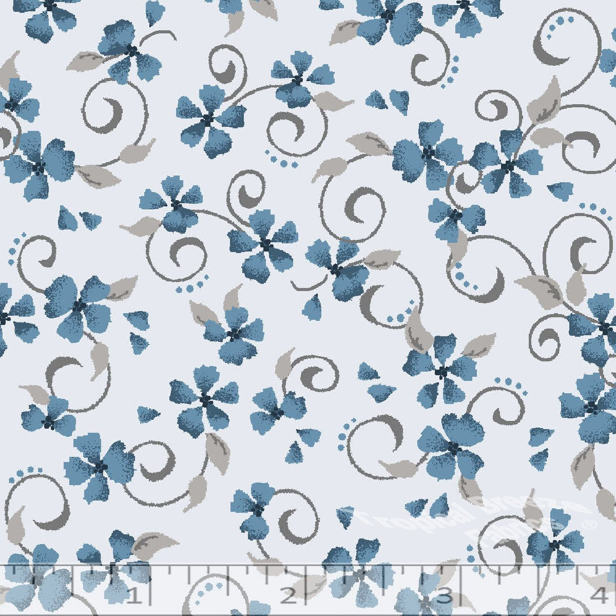 Silver & Blue Floral Poly Cotton Fabric