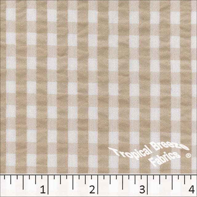 Tan Camel Checkered Plaid Seersucker Fabric